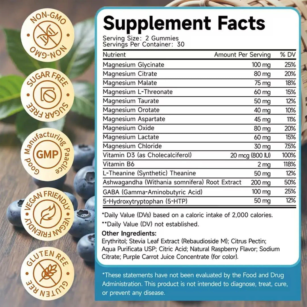 Onledy 16-In-1 Magnesium Complex Gummies - Dietary Self Care Products, Multi-Nutritional Mineral Supplements with L-Theanine, Ashwagandha, GABA, 5-HTP, Vitamin D3, B6, Non-Gmo Mineral Supplements for Sleep Support, Stress Relief, 2 Gummies Daily