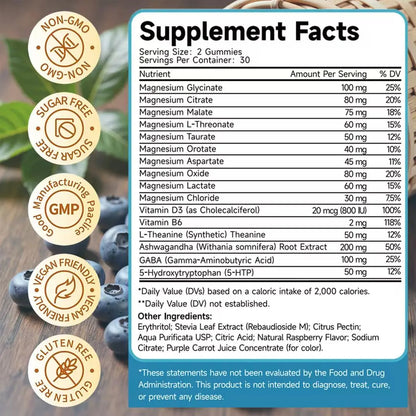Onledy 16-In-1 Magnesium Complex Gummies - Dietary Self Care Products, Multi-Nutritional Mineral Supplements with L-Theanine, Ashwagandha, GABA, 5-HTP, Vitamin D3, B6, Non-Gmo Mineral Supplements for Sleep Support, Stress Relief, 2 Gummies Daily