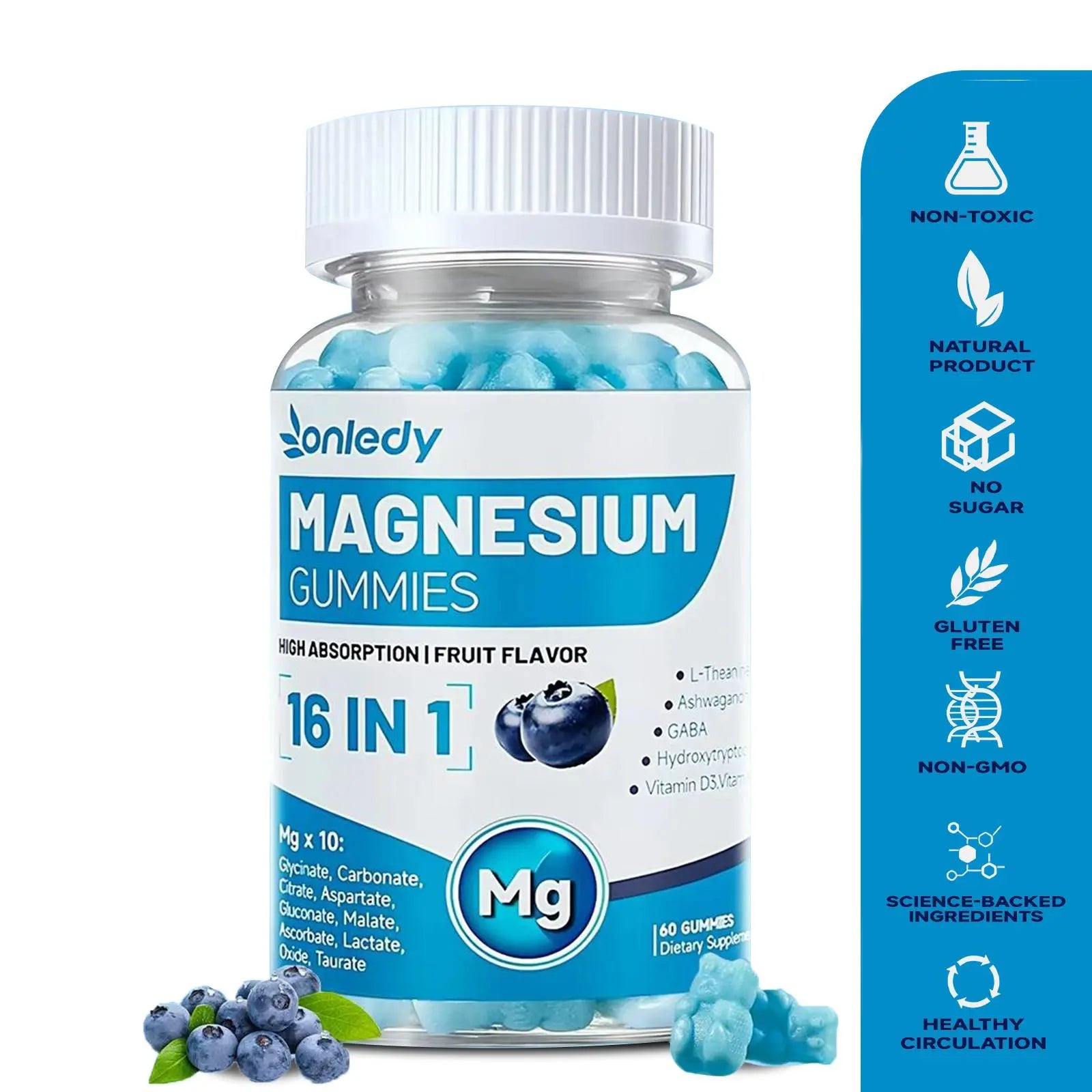 Onledy 16-In-1 Magnesium Complex Gummies - Dietary Self Care Products, Multi-Nutritional Mineral Supplements with L-Theanine, Ashwagandha, GABA, 5-HTP, Vitamin D3, B6, Non-Gmo Mineral Supplements for Sleep Support, Stress Relief, 2 Gummies Daily