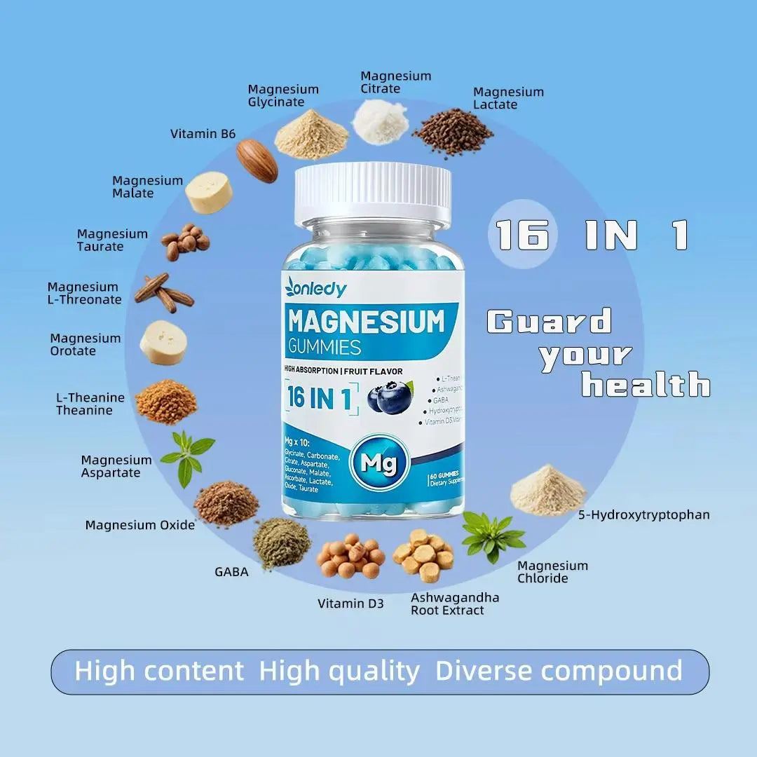 Onledy 16-In-1 Magnesium Complex Gummies - Dietary Self Care Products, Multi-Nutritional Mineral Supplements with L-Theanine, Ashwagandha, GABA, 5-HTP, Vitamin D3, B6, Non-Gmo Mineral Supplements for Sleep Support, Stress Relief, 2 Gummies Daily