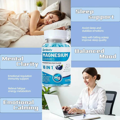 Onledy 16-In-1 Magnesium Complex Gummies - Dietary Self Care Products, Multi-Nutritional Mineral Supplements with L-Theanine, Ashwagandha, GABA, 5-HTP, Vitamin D3, B6, Non-Gmo Mineral Supplements for Sleep Support, Stress Relief, 2 Gummies Daily